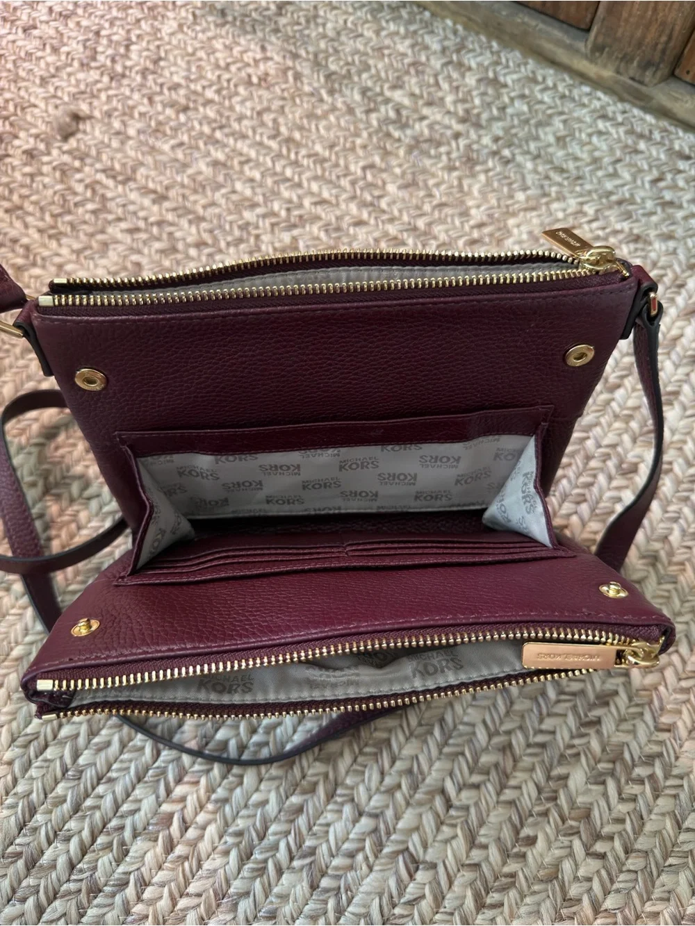 Michael Kors Maroon Pebbled Leather Crossbody with Gold MK Emblem